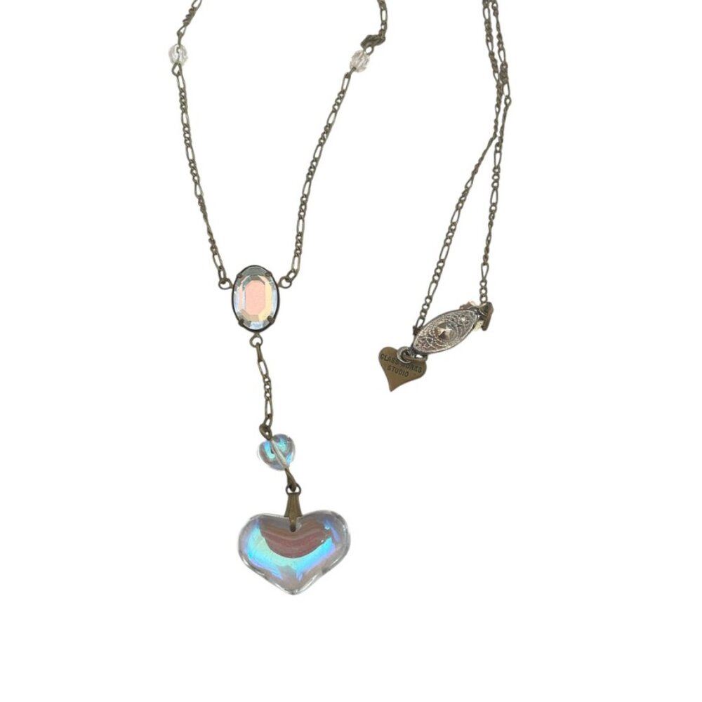 Vintage Glass Studio Works Necklace Heart Aurora Borealis Lariat RARE